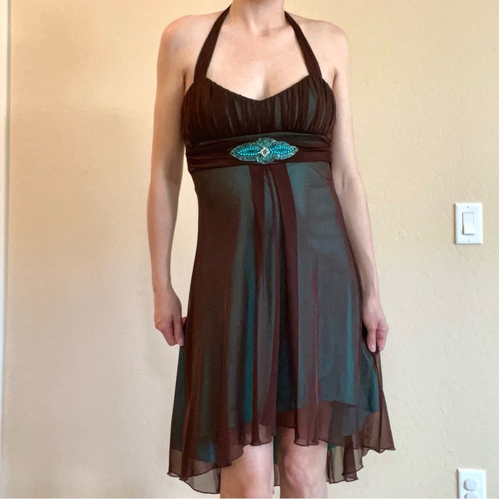 Y2K early 2000’s teal and brown halter formal dress